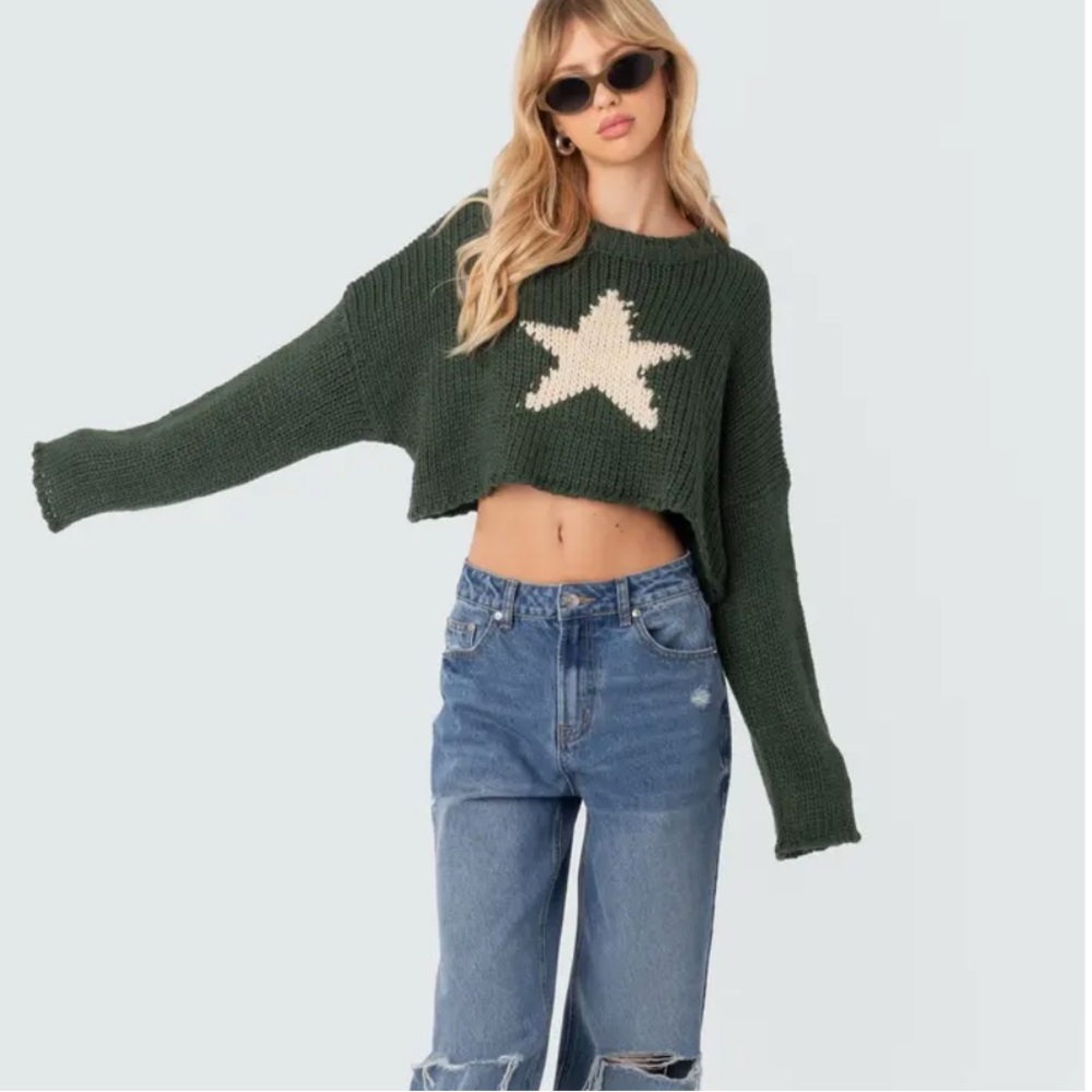 Edikted Mega Star Intarsia Super Crop Forest Green Chunky Knit Sweater